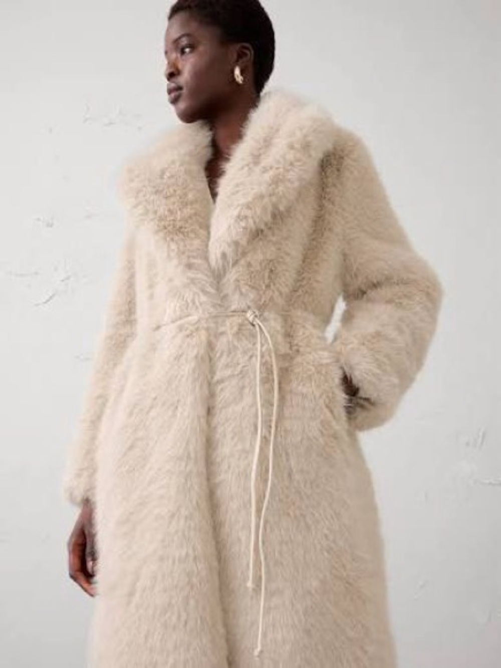 Women's Cream Faux-Fur Long Coat with Drawstring Waist